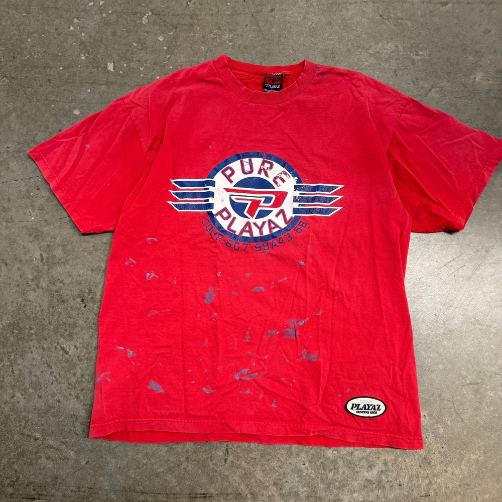Vintage Pure Playaz Red Graphic T-Shirt Mens XL 90s Streetwear Distressed Cotton